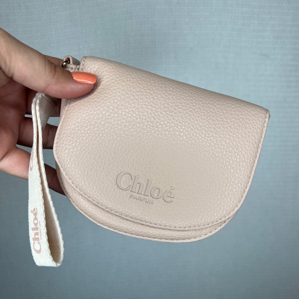 Chloe Parfum Blush Pink Pebbled Vegan Leather Wristlet Pouch Saddle Bag Logo